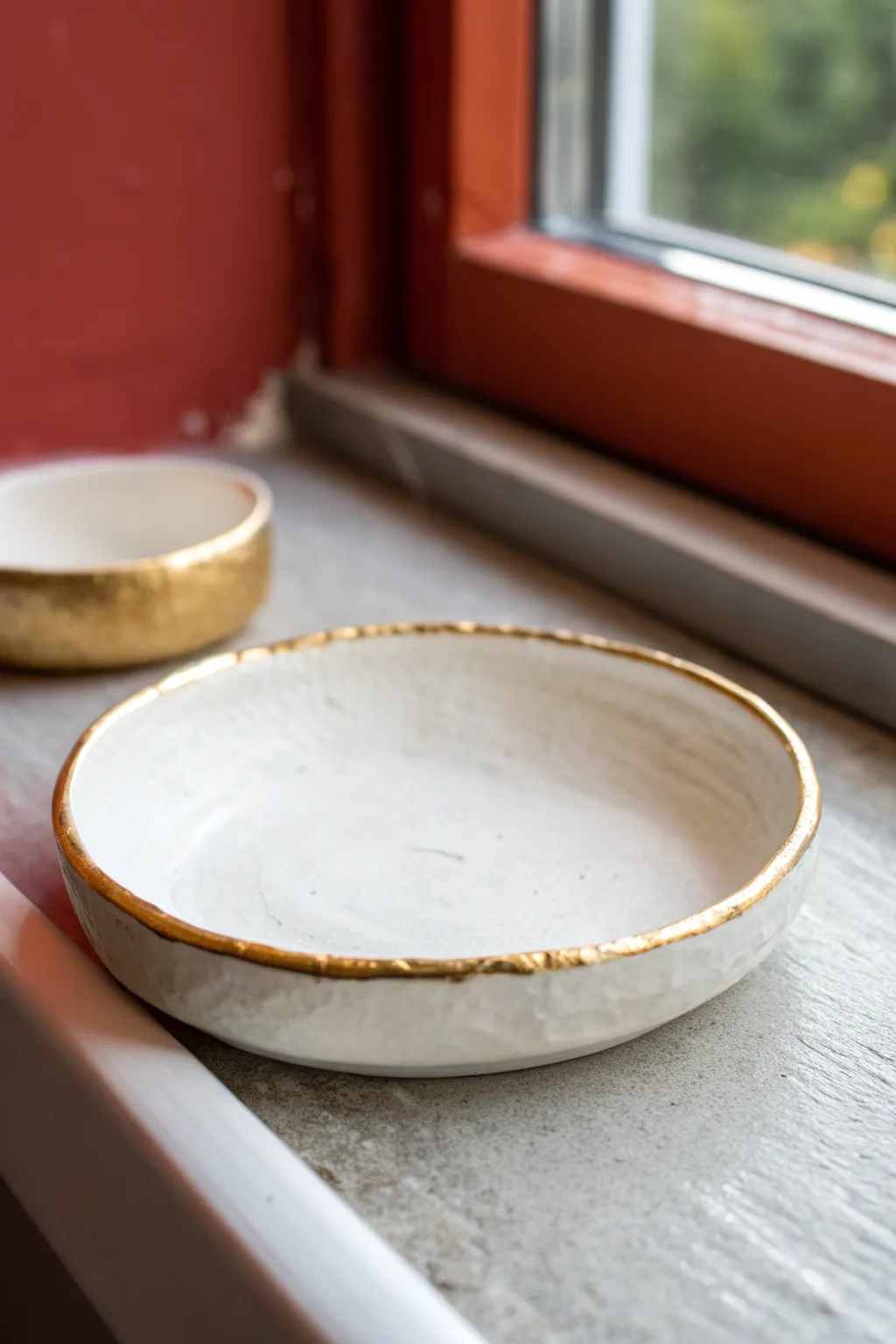 Simple white air dry clay trinket dish with a crisp gold rim for chic minimal storage