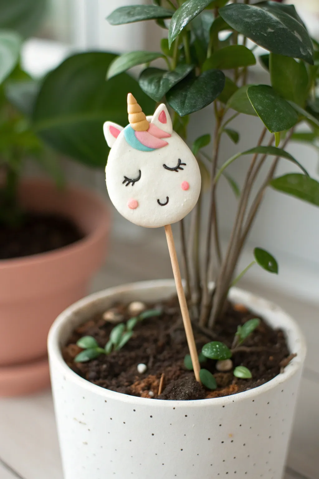 Air dry clay unicorn plant pot pick with pastel horn, minimalist boho charm for any room.