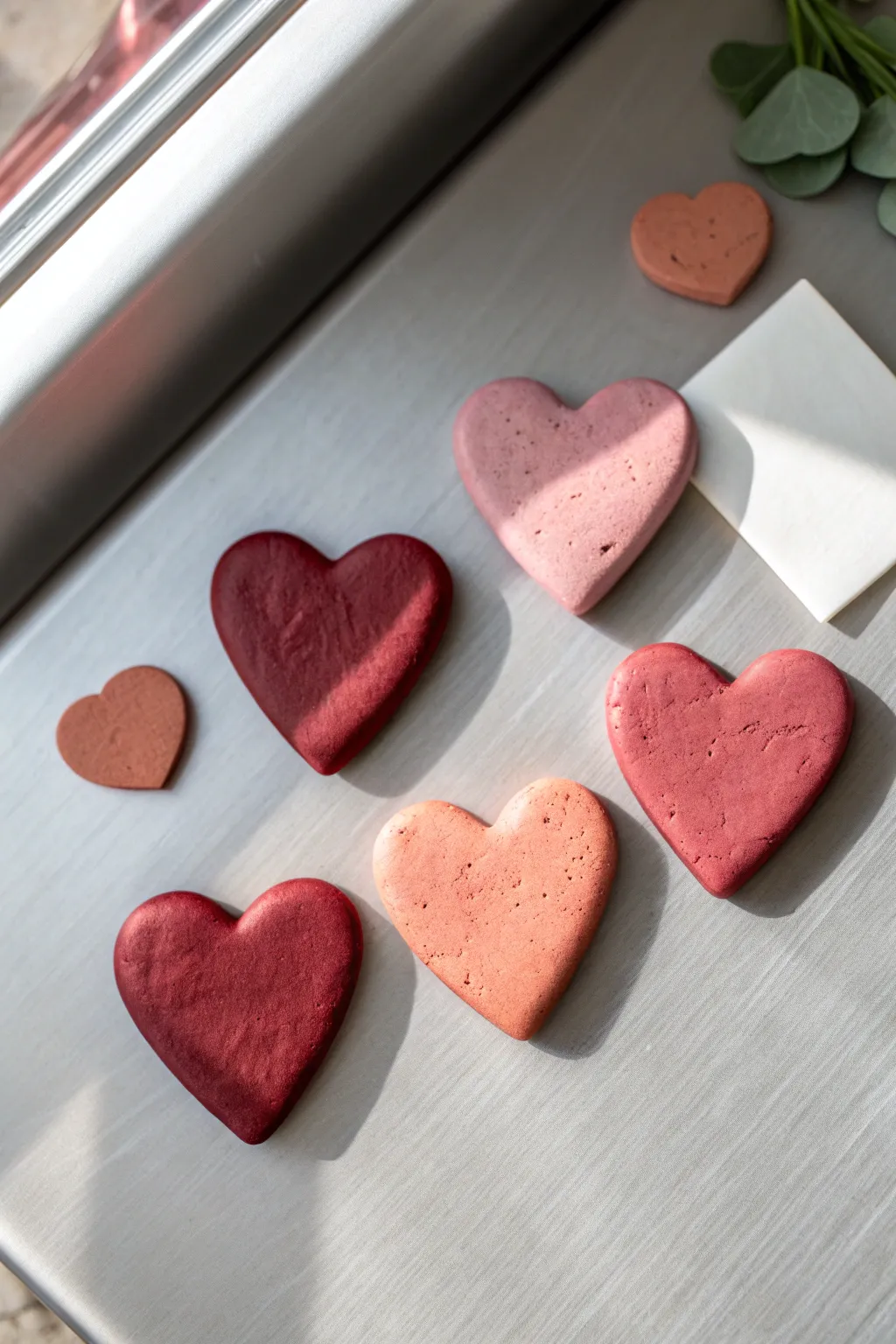 Mini air-dry clay heart magnets to pin sweet blank notes, minimalist Valentine charm.