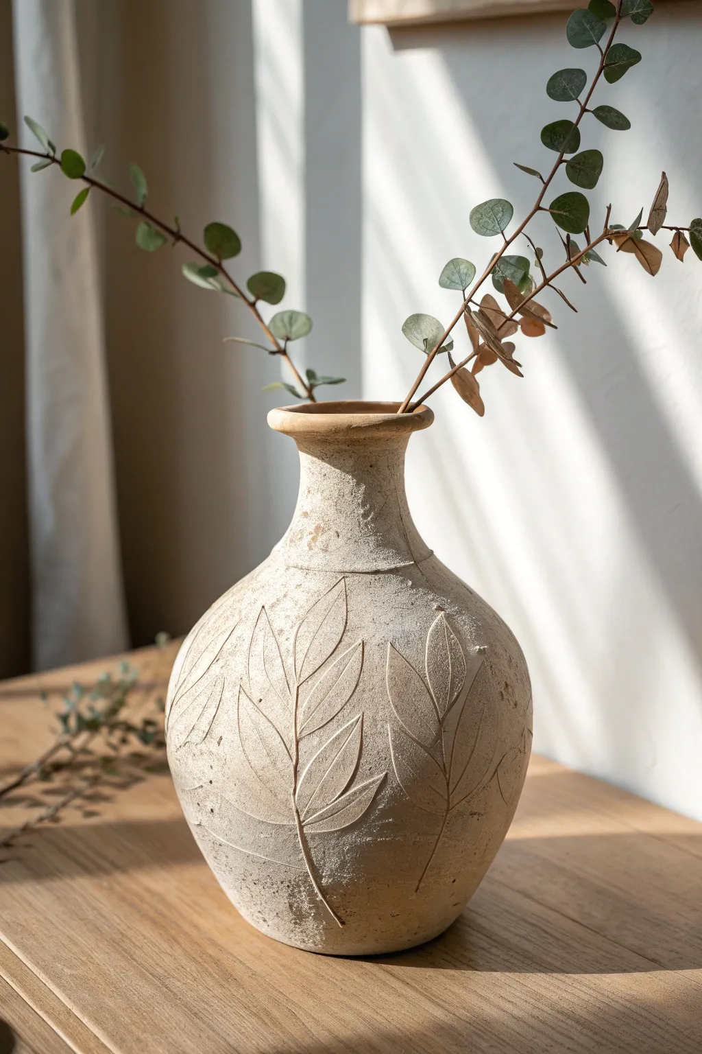 Natural leaf-imprint air dry clay vase with eucalyptus stems, minimalist boho and warm contrast