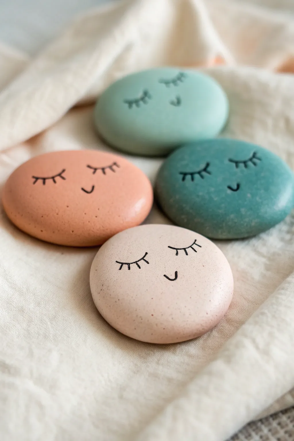Sleepy-faced clay worry stones with blush cheeks, a calm pocket charm in minimalist style.