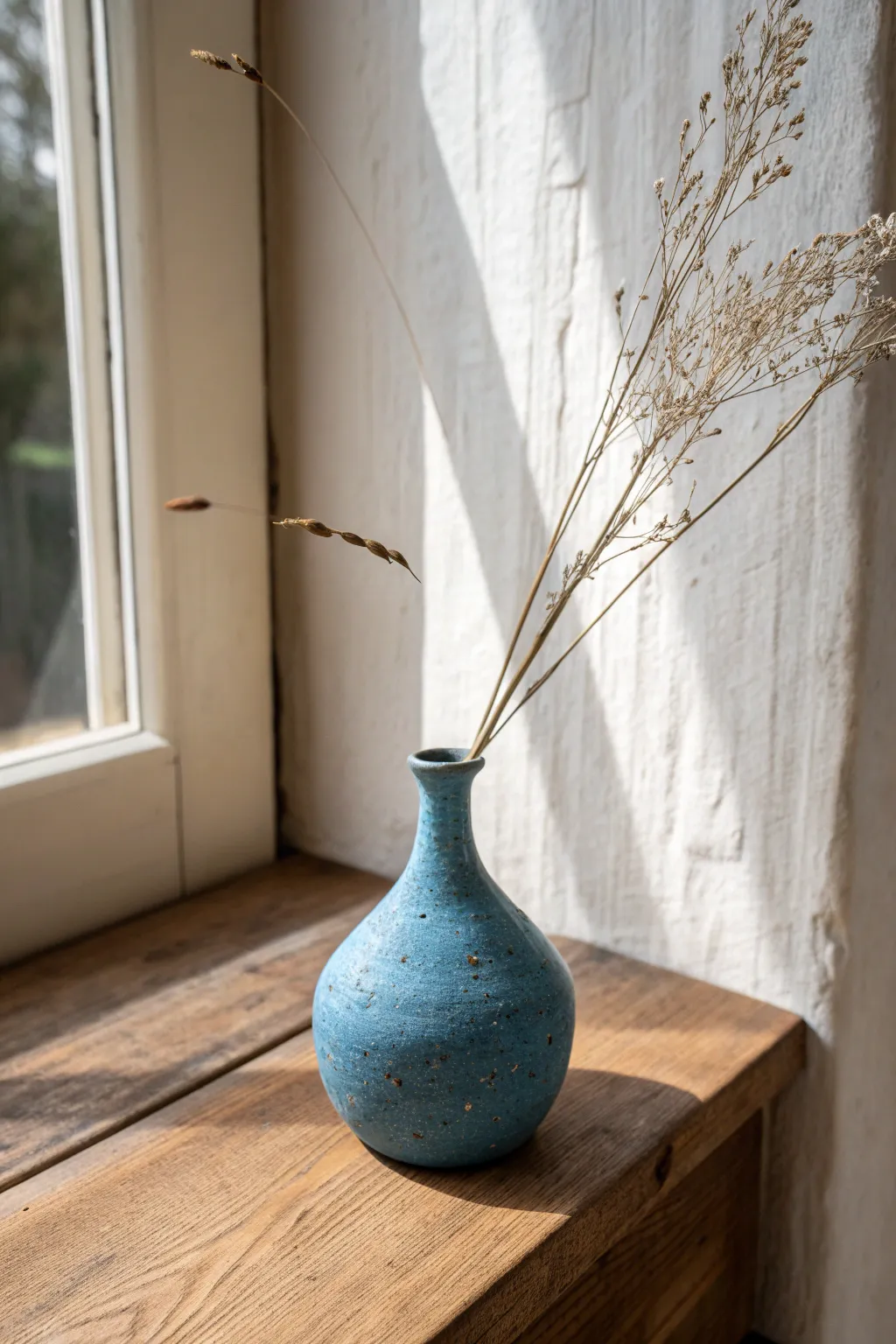 Tiny air-dry clay bud vase with one dried stem, bold color on neutral linen, Scandinavian boho.
