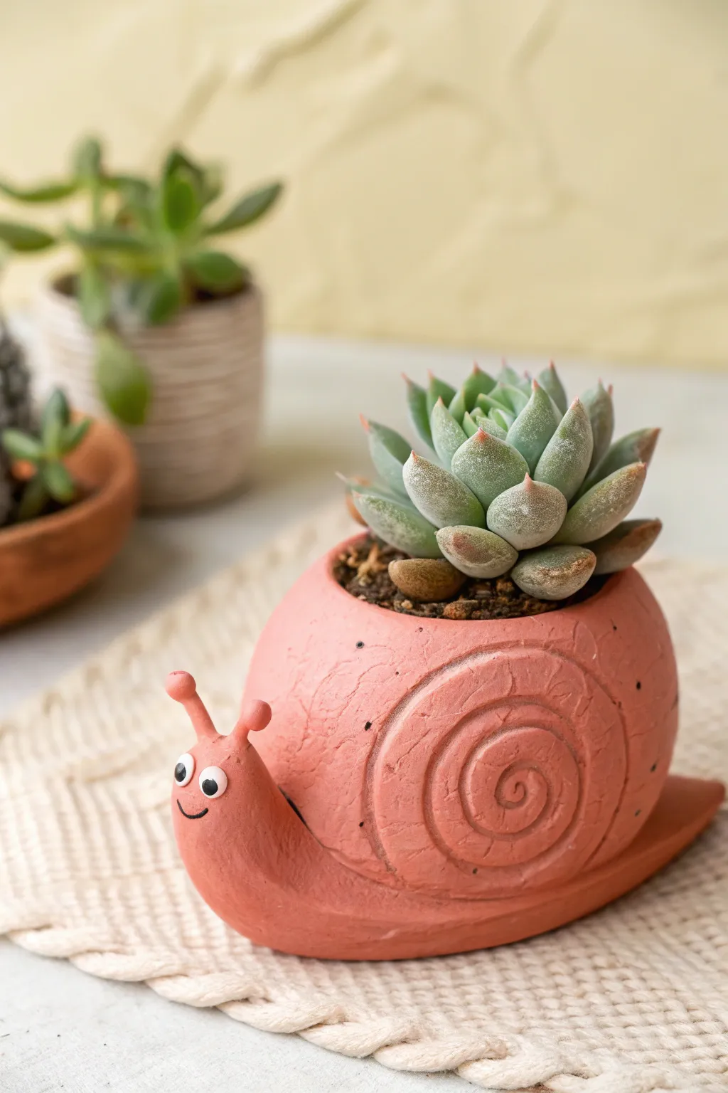 Tiny snail air dry clay planter with a little succulent for a cute minimalist boho look