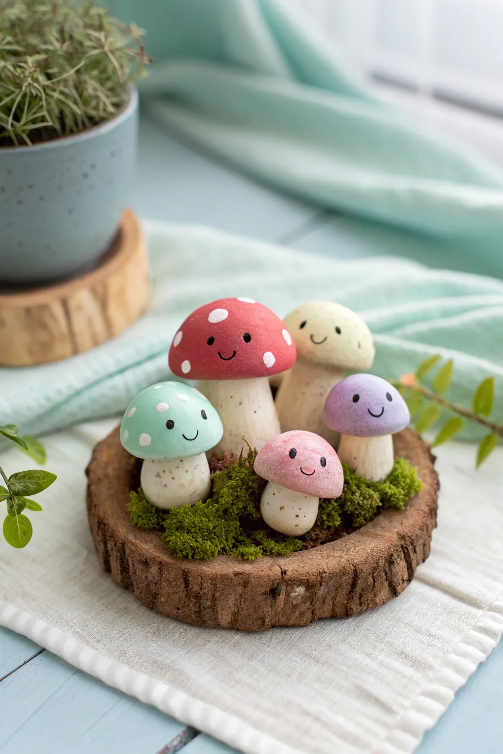 Mini foam clay mushroom friends in bold reds and soft pastels for a sweet tiny forest vibe