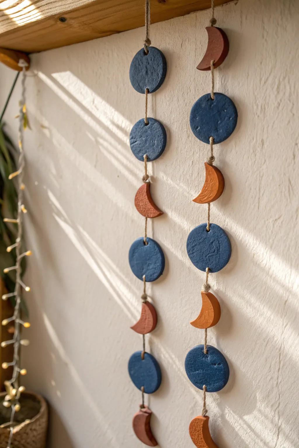 Simple air dry clay moon phases on cotton cord, minimalist boho decor with bold, calming color.