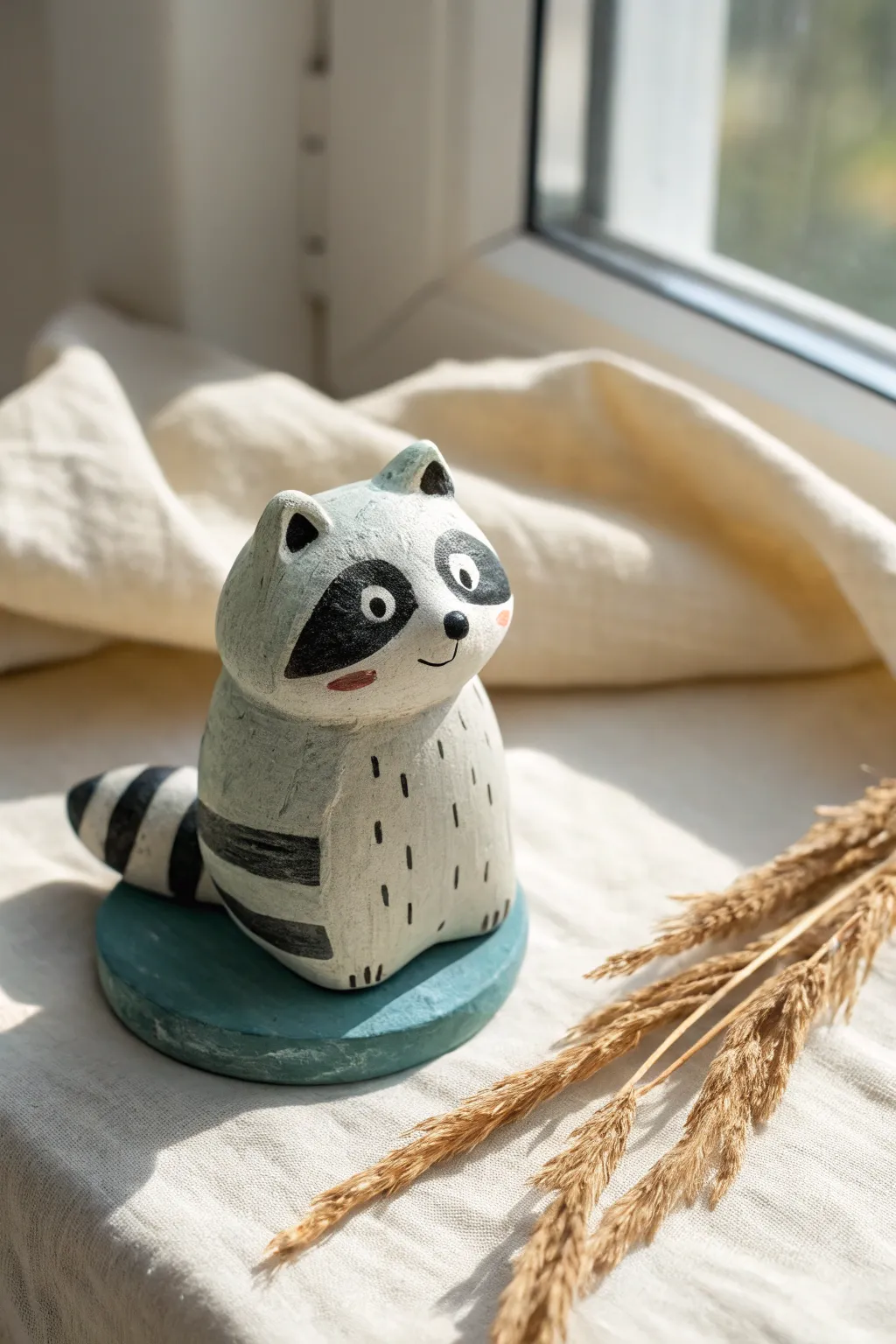 Handmade clay raccoon with bold mask markings, minimalist Nordic style with a cozy boho touch
