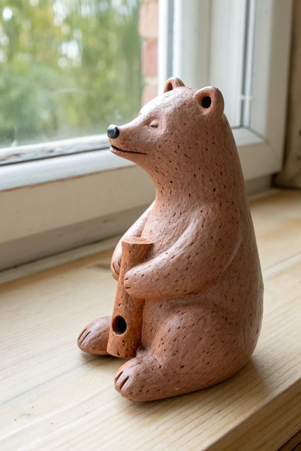Cozy bear clay whistle with rounded paws, bold dusty-rose glaze, and minimalist Nordic charm