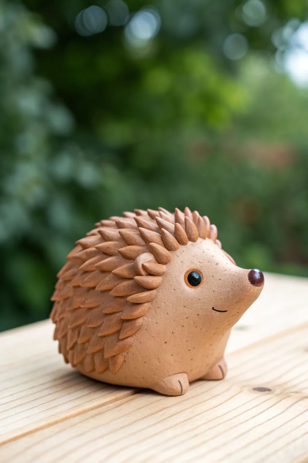 Cute clay hedgehog with soft toothpick spines, Scandinavian minimal style with bold contrast.