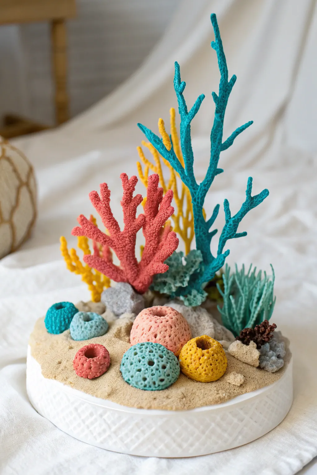Mini air dry clay coral reef for kids: bright, simple shapes that pop on a clean backdrop