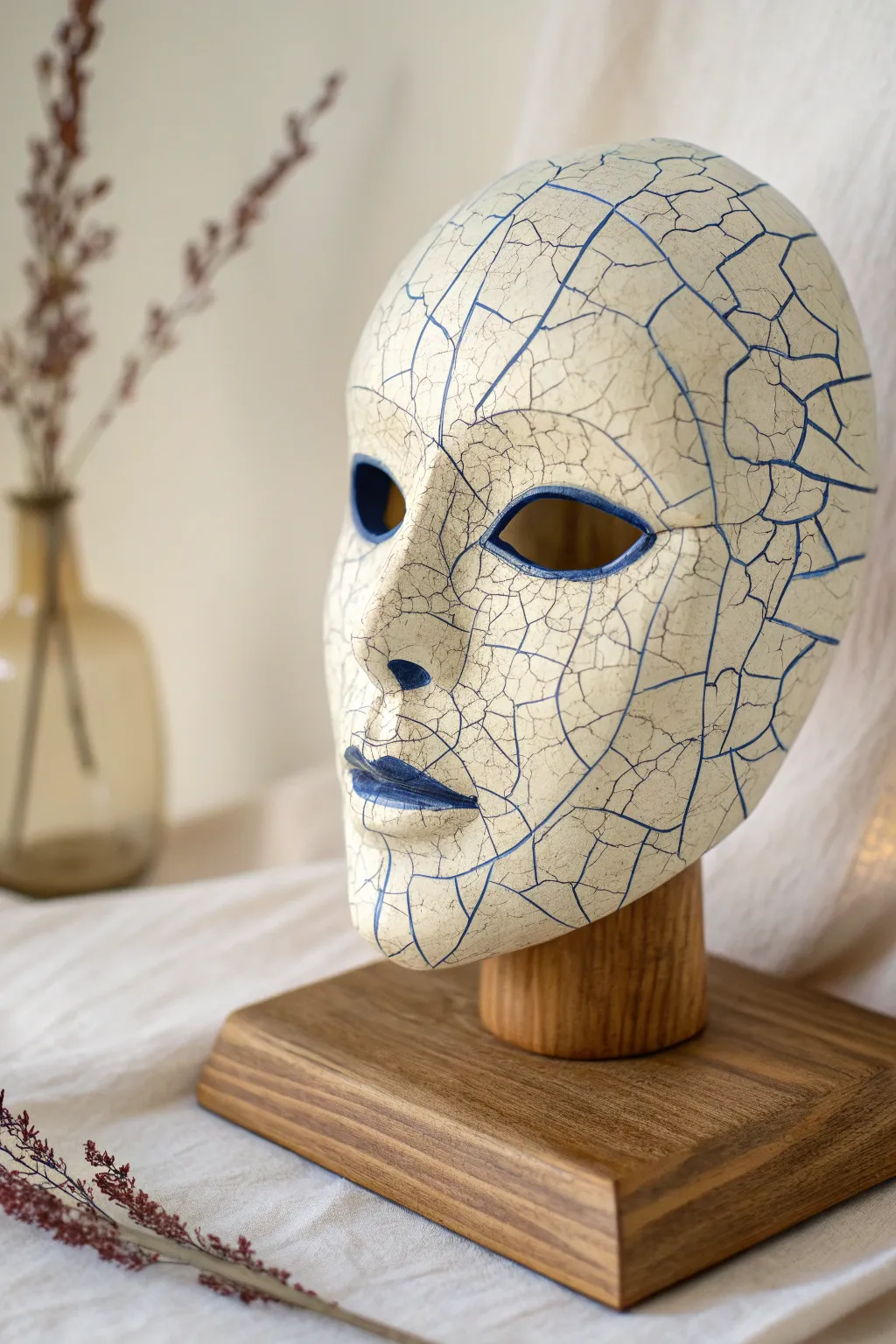 Cracked porcelain clay mask with indigo-filled lines, minimalist styling and crisp contrast.