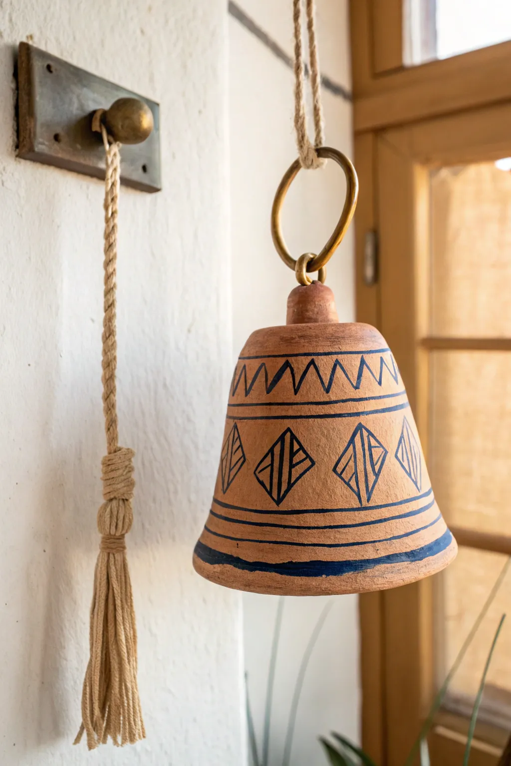Minimalist hanging clay bell with carved patterns, bold indigo accents, calm boho vibe.