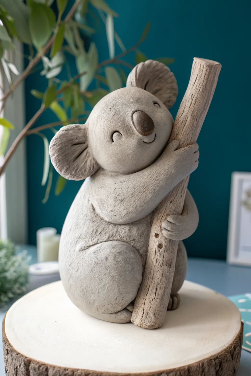 Cozy easy clay koala hugging a branch, Scandinavian minimal with a bold boho color pop.
