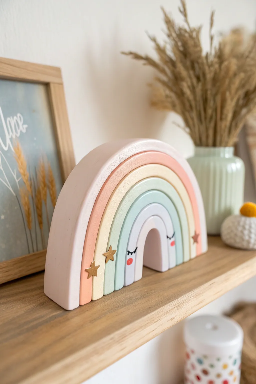 Mini rainbow arch clay decor in soft pastels, a cozy Scandinavian shelf accent with boho charm.