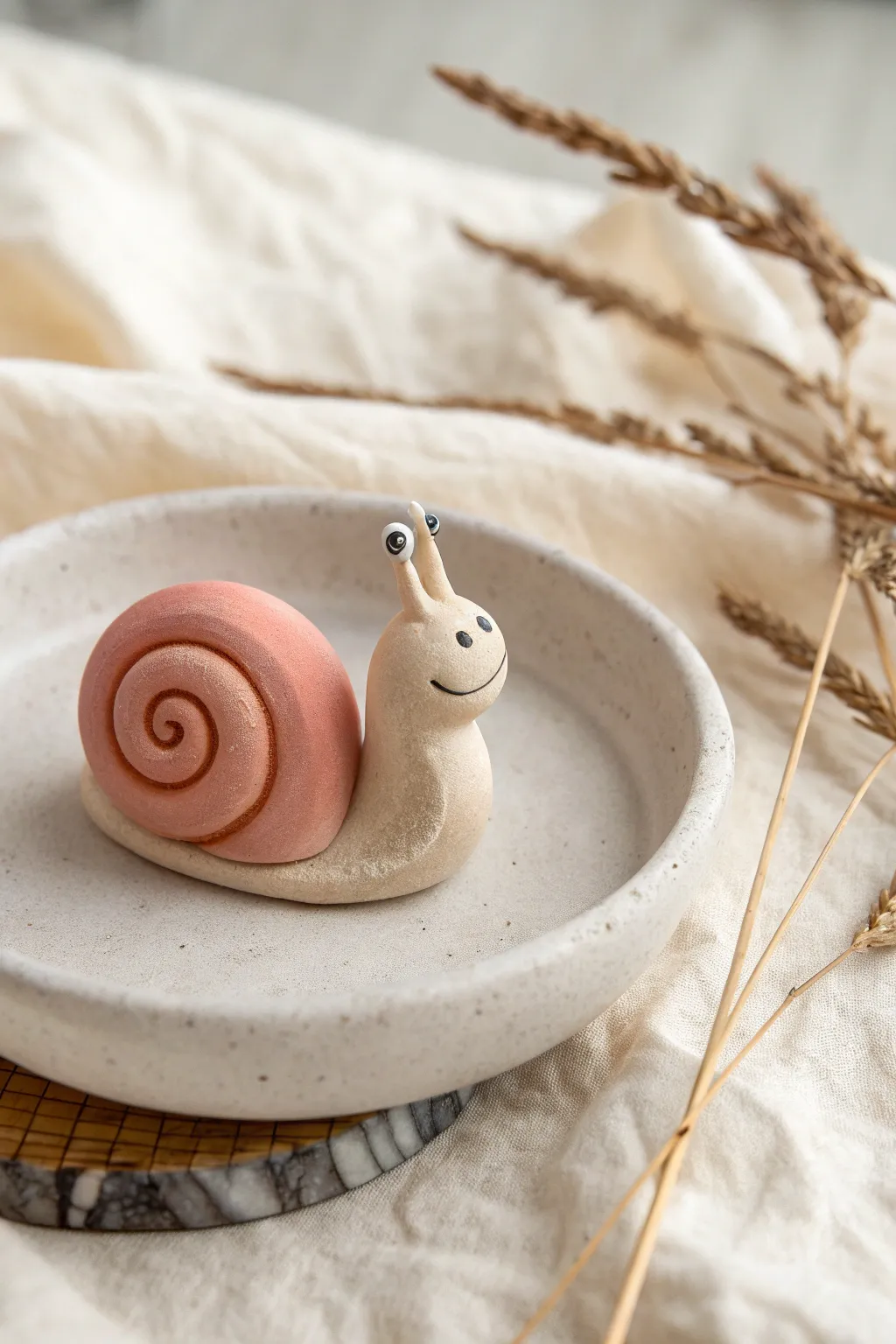 Mini clay snail with a swirly pastel shell, simple and sweet Scandinavian-boho decor inspiration.