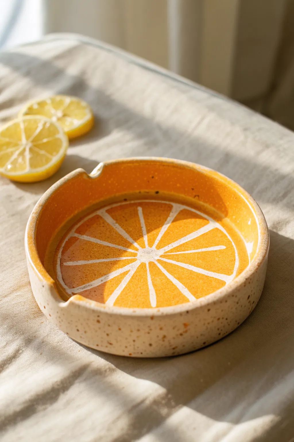 Bright citrus-slice clay ash tray with bold color and simple handmade charm for cozy moments.
