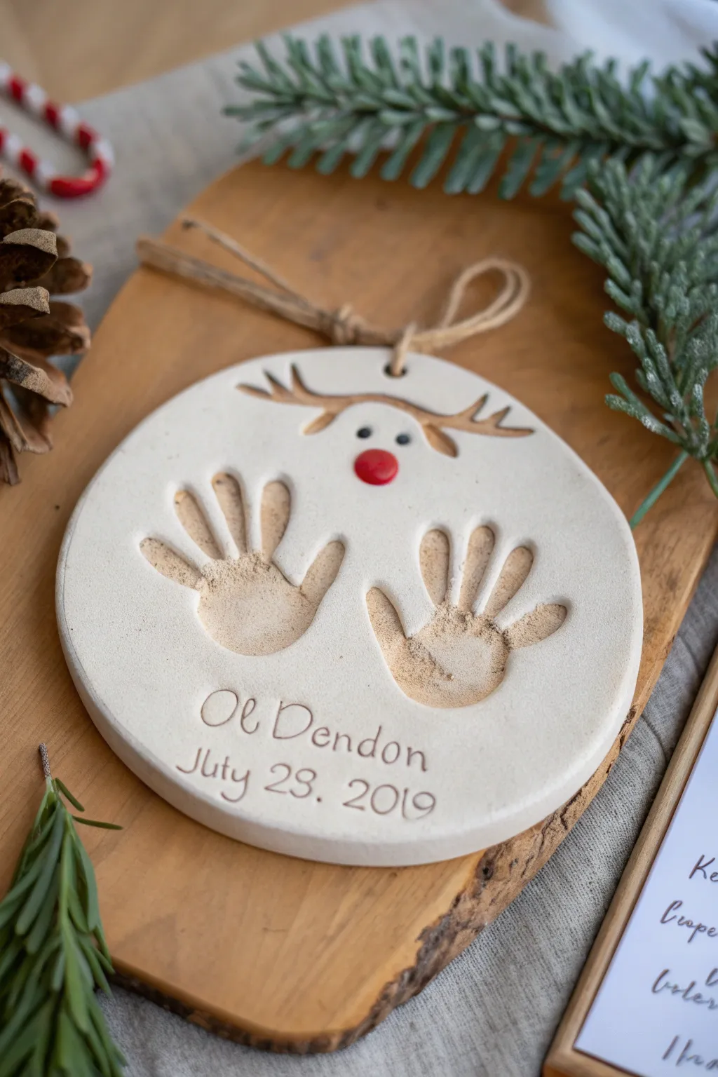 Sweet clay reindeer plaque with baby handprint antlers, minimalist holiday keepsake for nursery.
