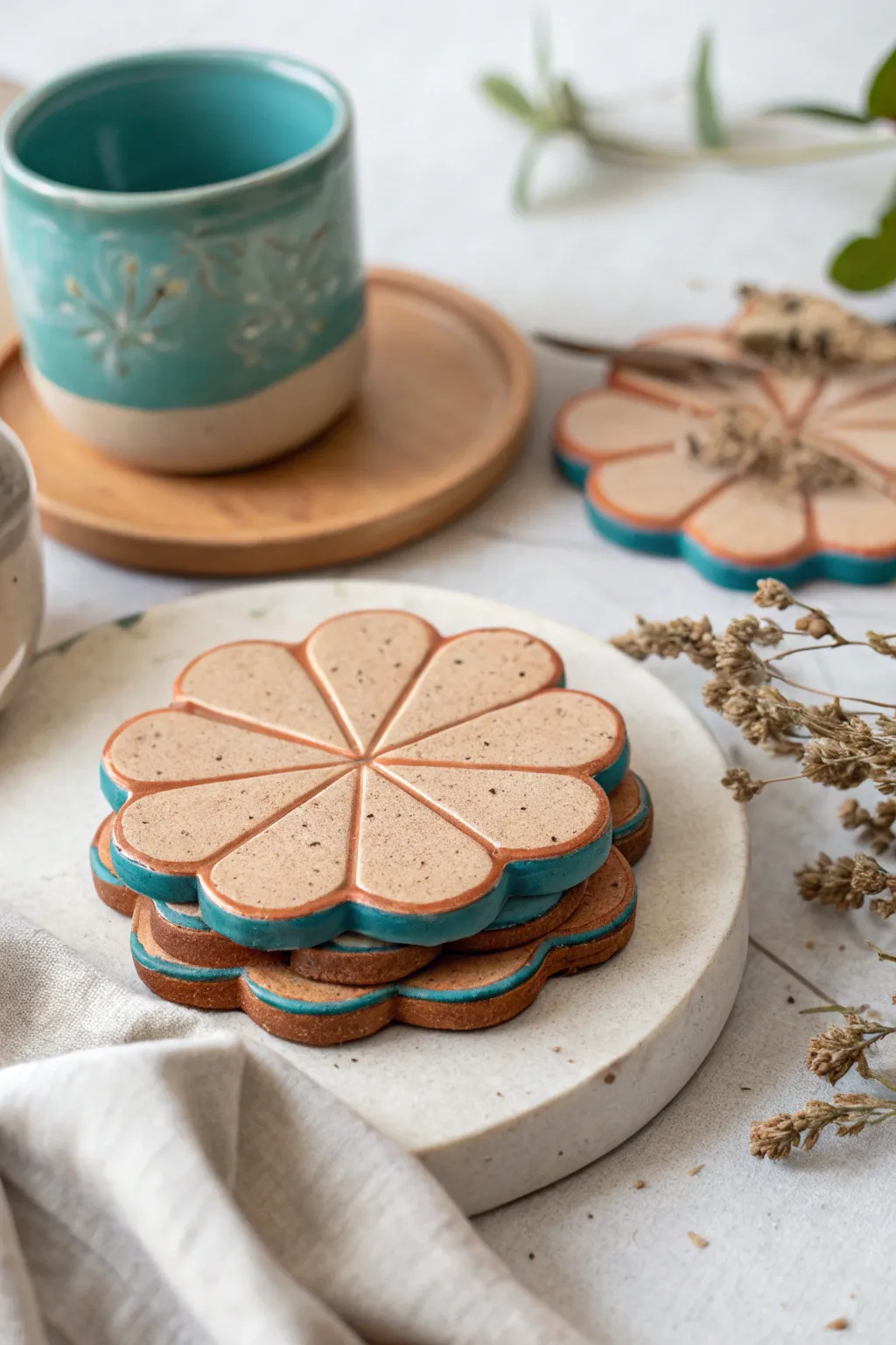 Charming flower-shaped clay coasters in bold terracotta and teal, simple and handmade.