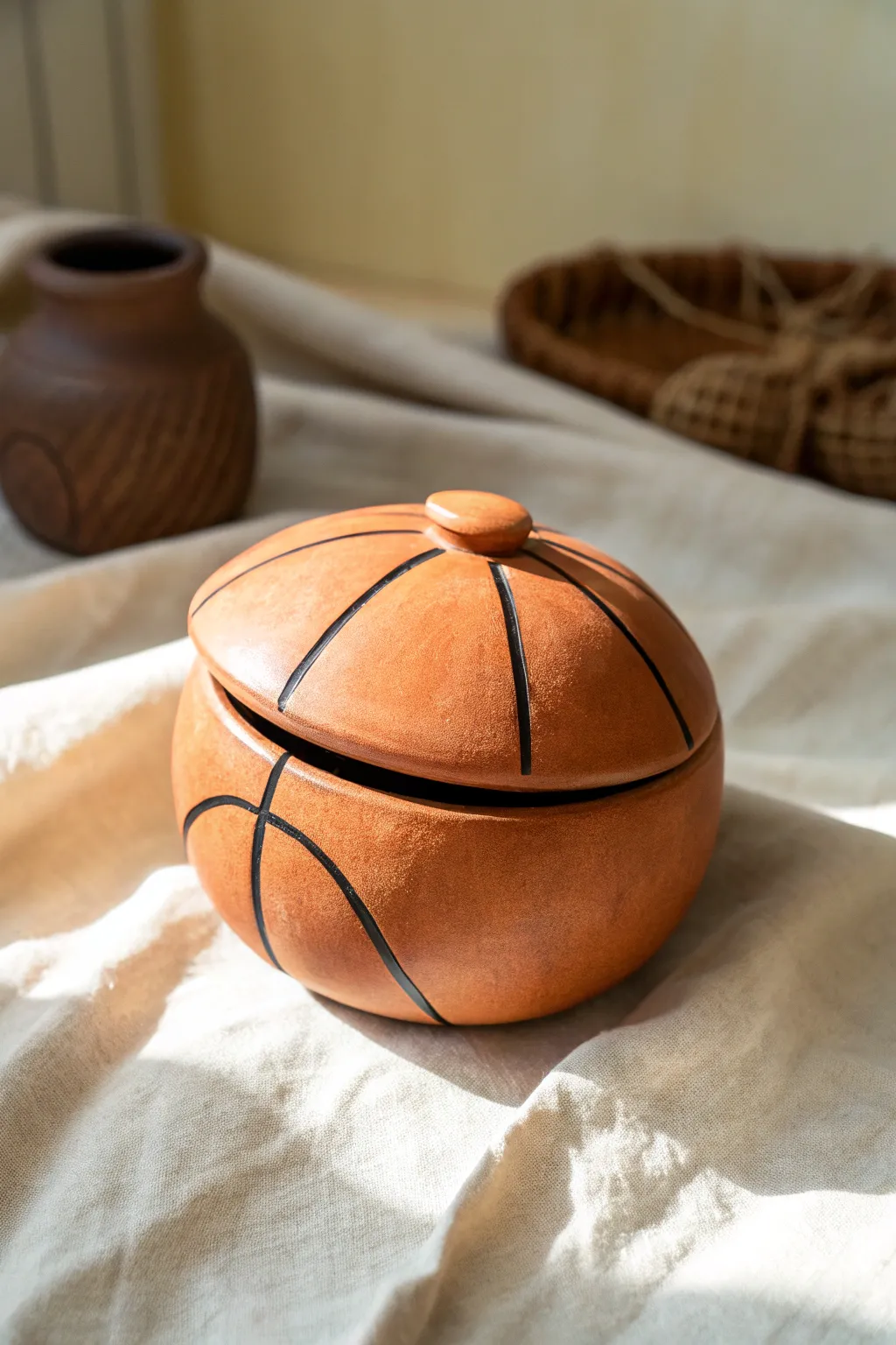 Basketball trinket box with lid, a cute clay storage piece in bold orange and minimalist style.