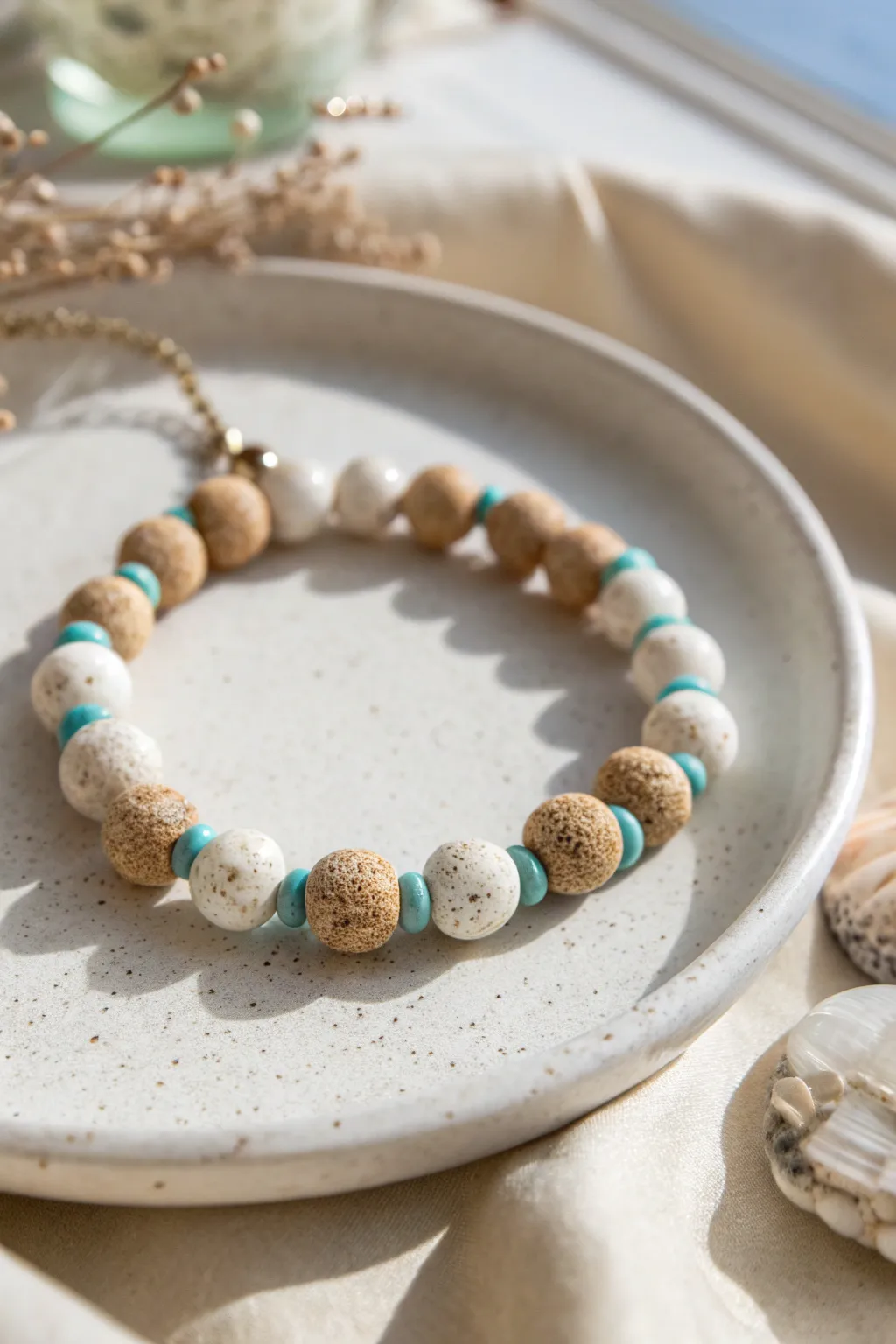 Speckled sand beads meet clean ocean blues for a minimalist, beachy clay bracelet.