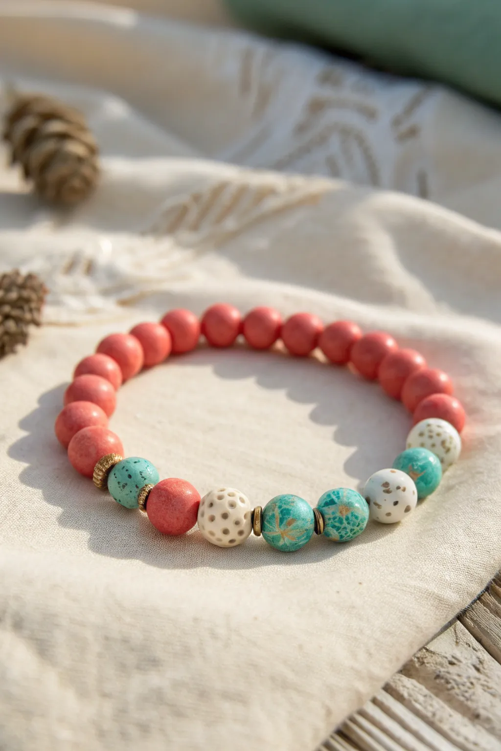 Coral pink clay beads and reef speckles create a bold, simple beach bracelet with handmade charm.