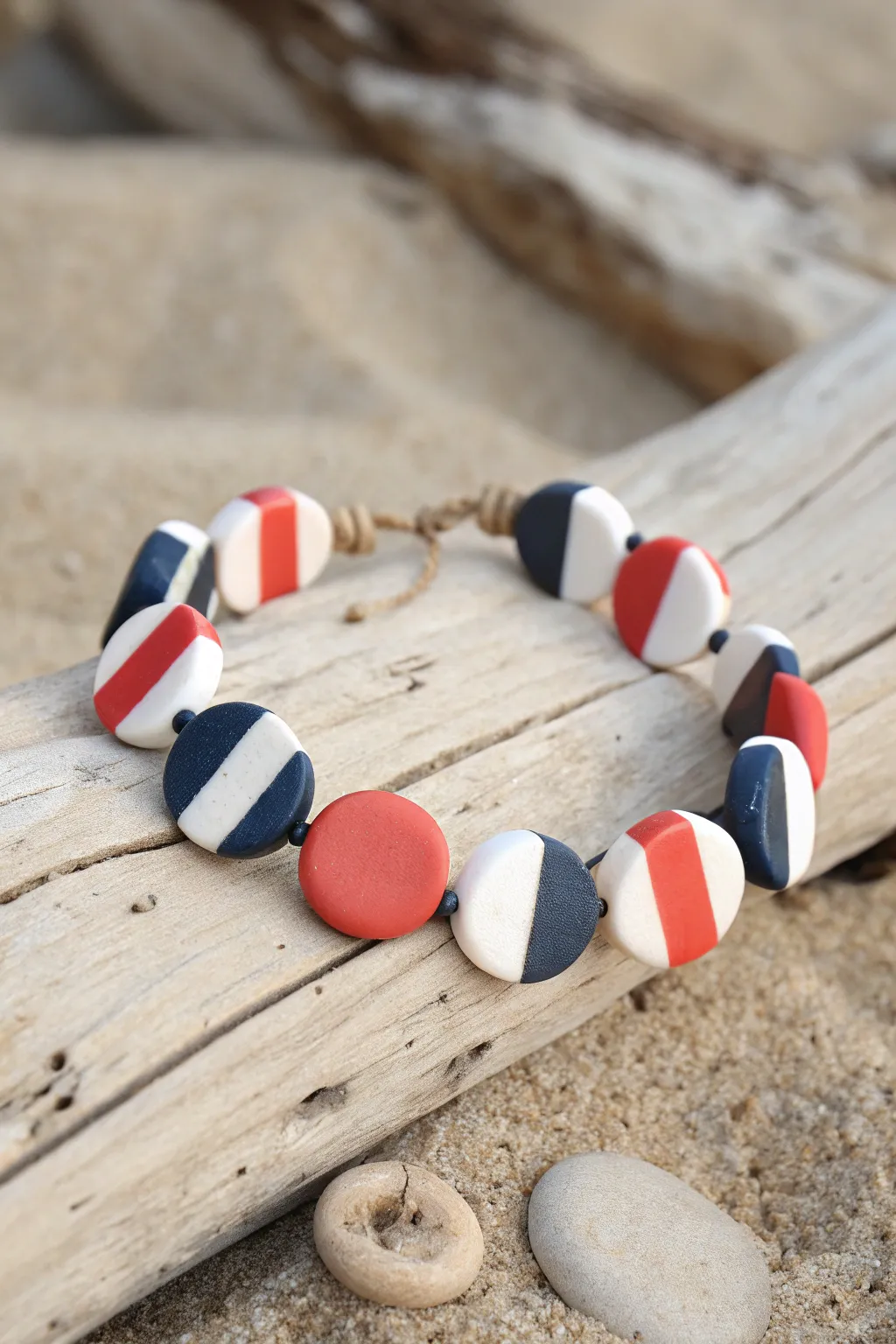 Nautical clay disc bead bracelet in navy, white, and coral for an easy beachy look