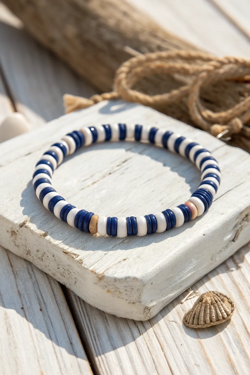 Navy and white heishi clay bead stripes for a crisp, coastal bracelet with minimalist charm.