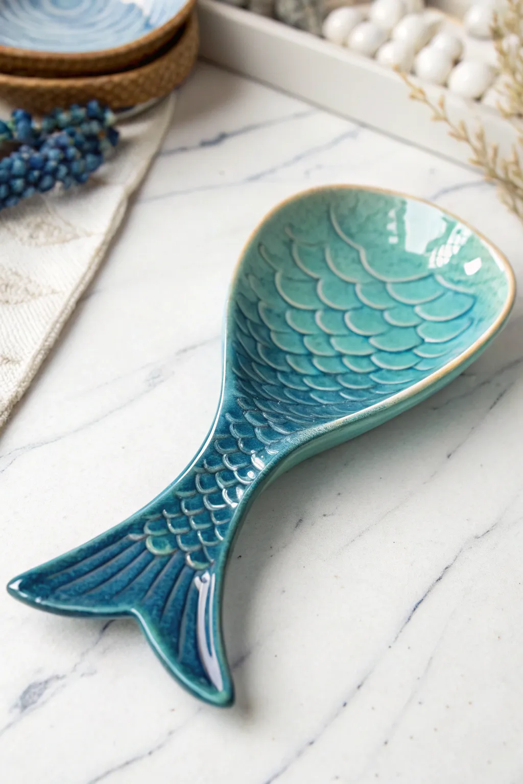 Ocean-gradient mermaid tail spoon rest in minimalist Scandinavian styling with a soft boho touch.