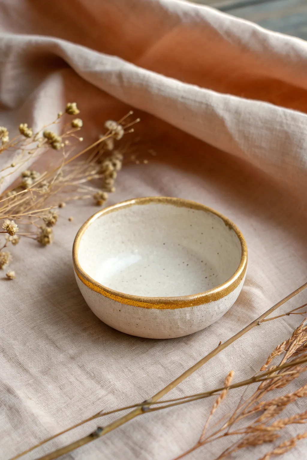 Simple tiny ring dish with a thin gold rim, a beginner clay bowl idea that feels luxe.