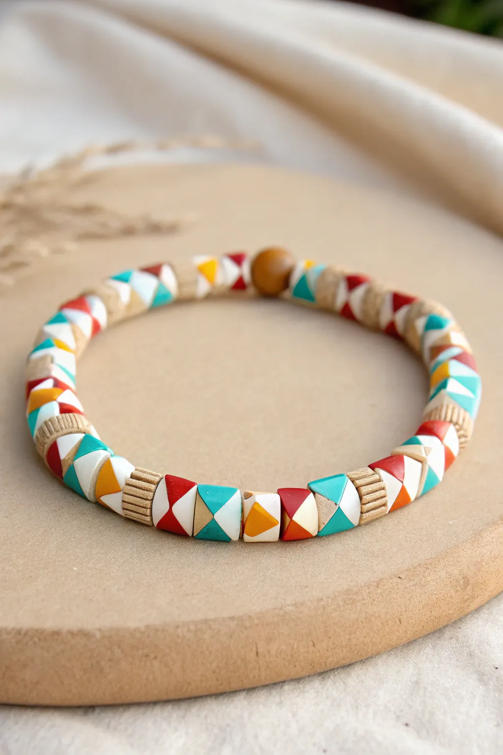Bold party hat triangles in heishi beads create a playful birthday bracelet with minimalist charm