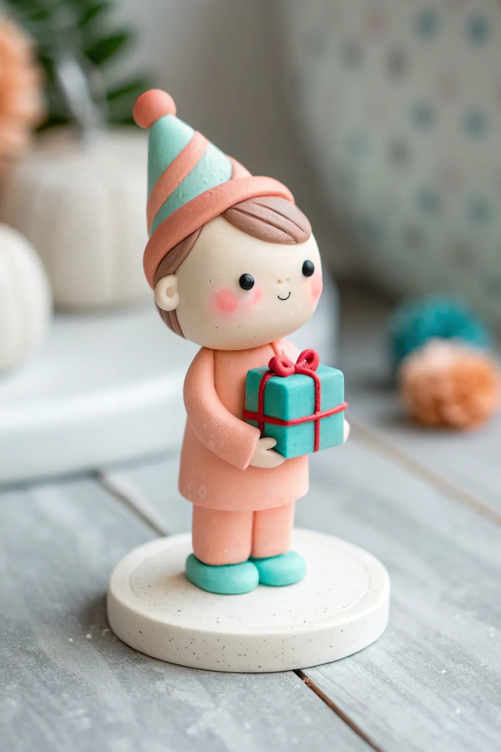 Sweet mini clay portrait topper holding a tiny gift box, simple, modern, and birthday-ready
