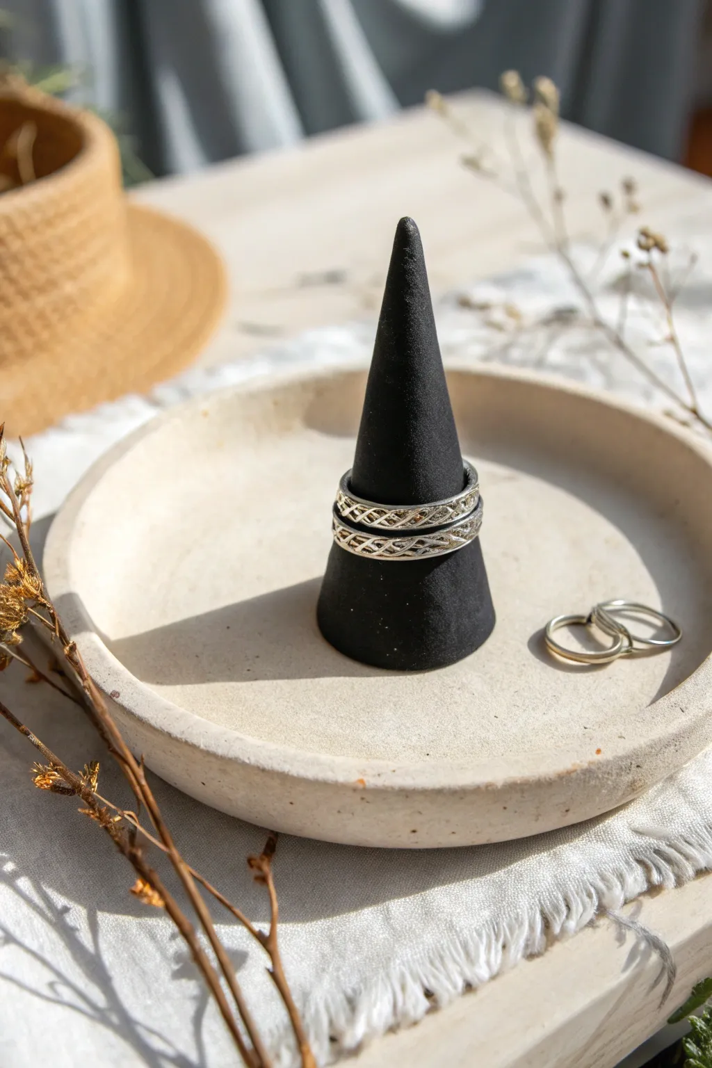 Tiny black clay witch hat ring cone, minimalist and chic, keeping your silver rings in one place.