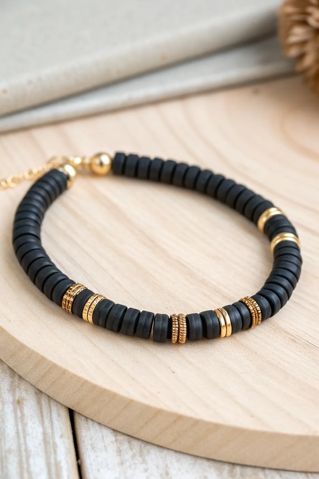 Minimal black heishi bracelet accented with tiny seed bead halo rings for subtle boho contrast.
