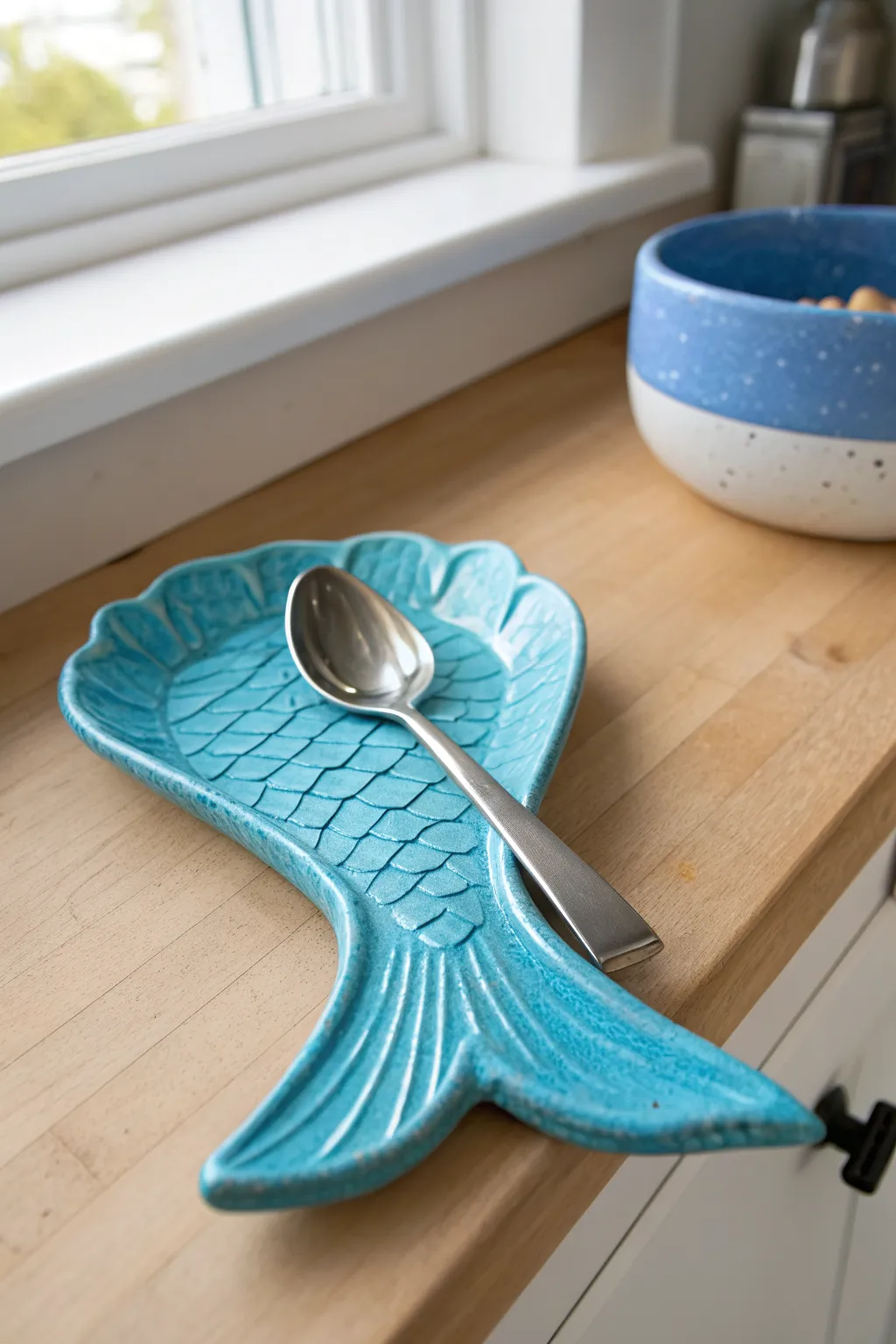 Blue mermaid tail spoon rest in air dry clay, bold ocean tones with clean minimalist styling
