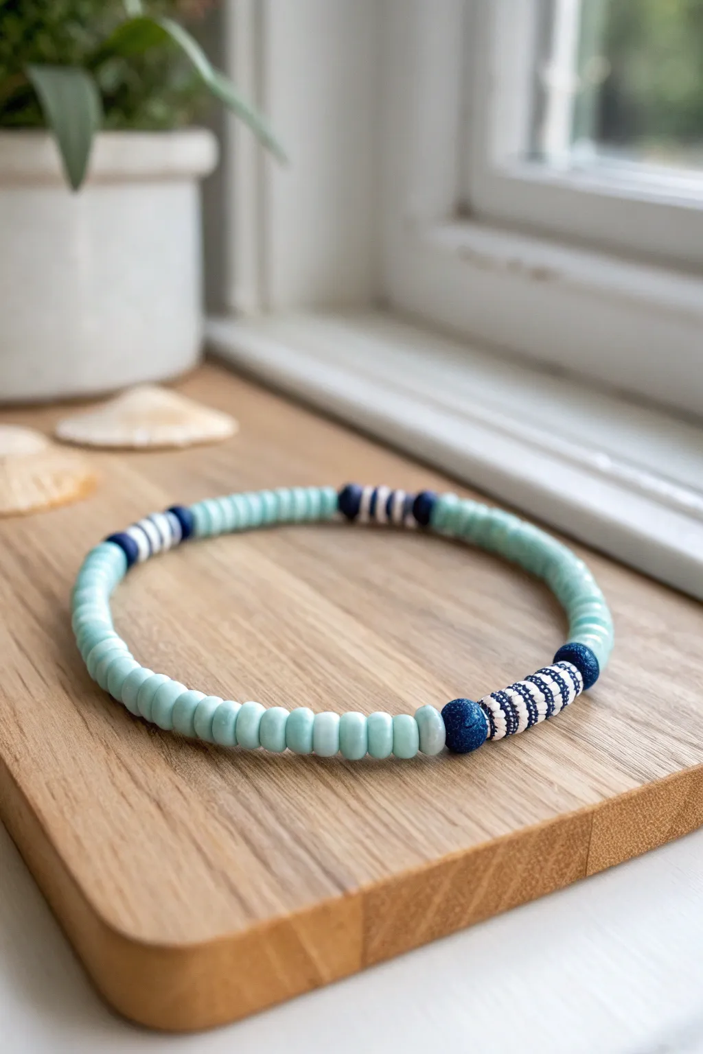 Speckled seafoam and navy clay bead bracelet on light wood, minimalist boho and calming.