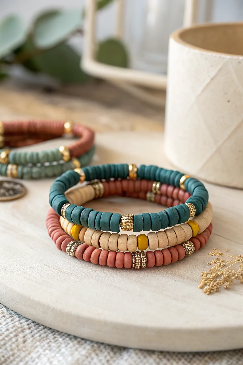 Soft sparkle detail: clay heishi bracelet edged with seed beads, stacked for easy boho charm.