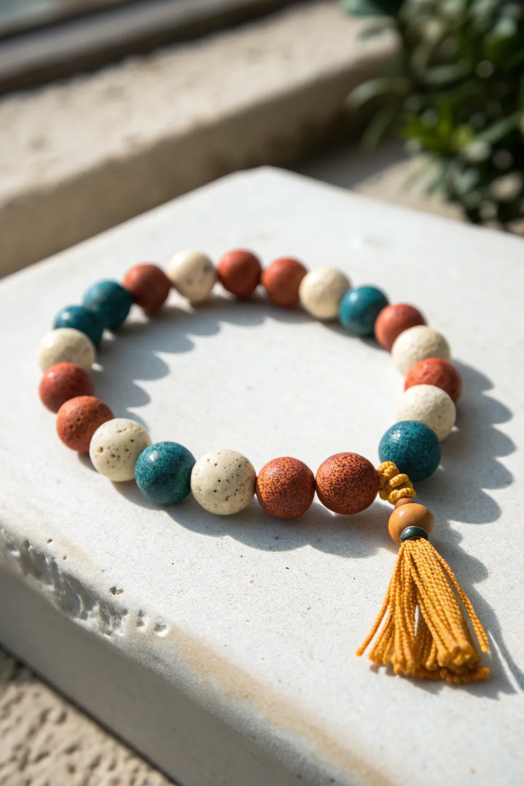 Clay bead bracelet with a playful tassel accent in bold, minimalist boho tones for DIY gifting.