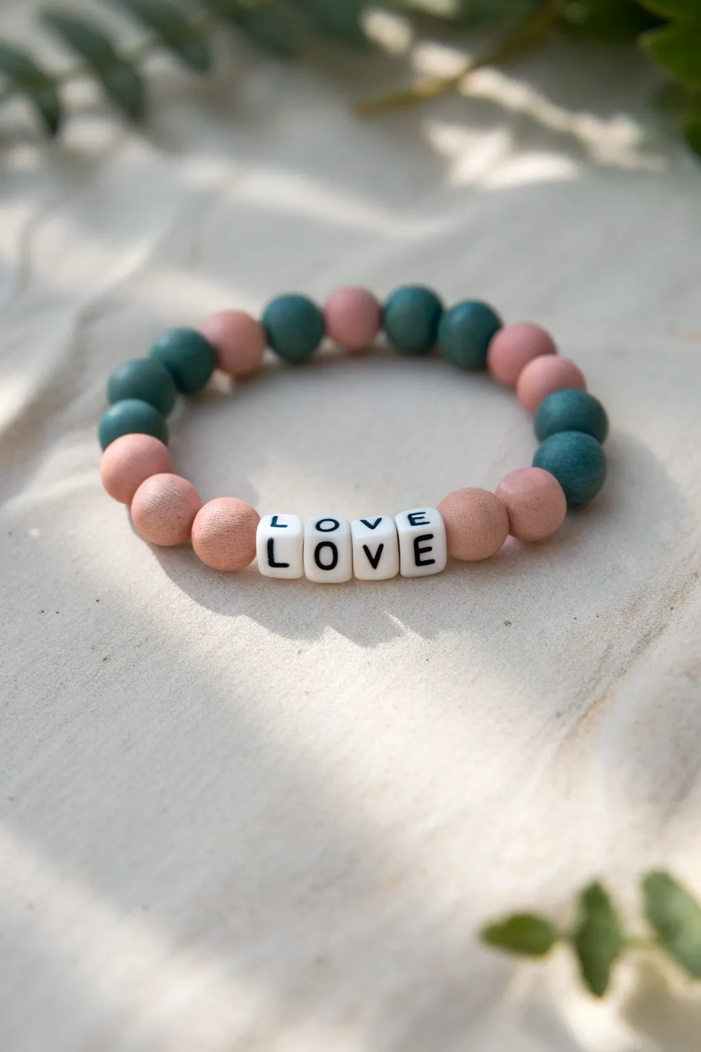 Minimal clay bead bracelet with a bold alphabet centerpiece and balanced color-block design.
