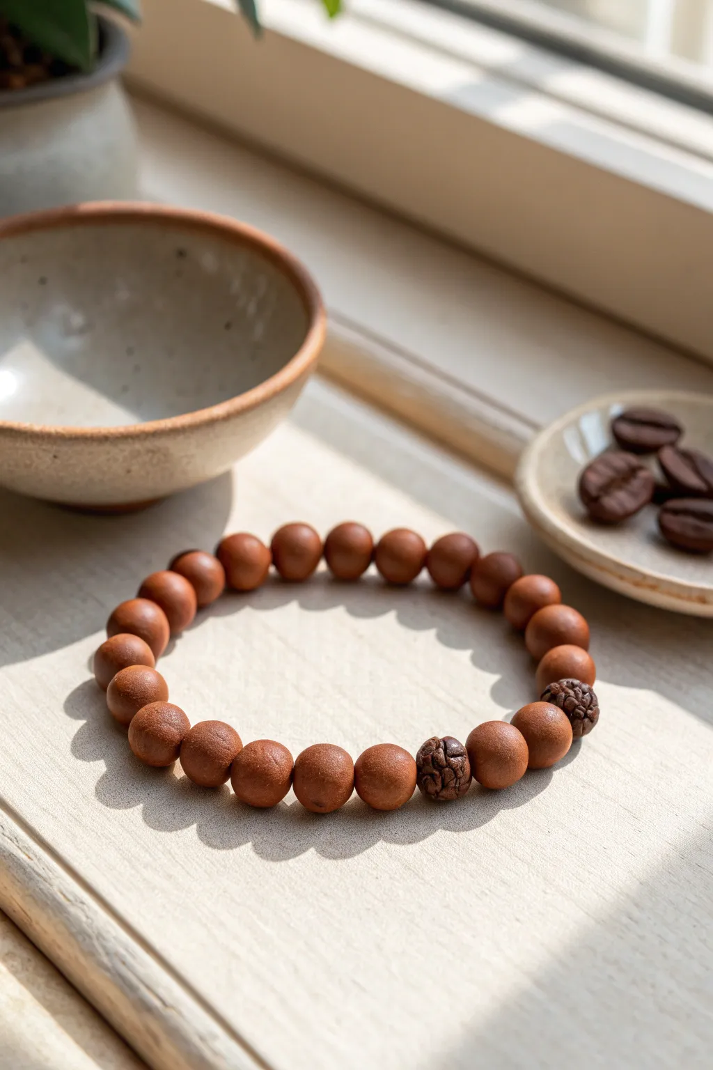 Warm brown clay bead bracelet with coffee bean accents, minimalist styling for cozy boho vibes.