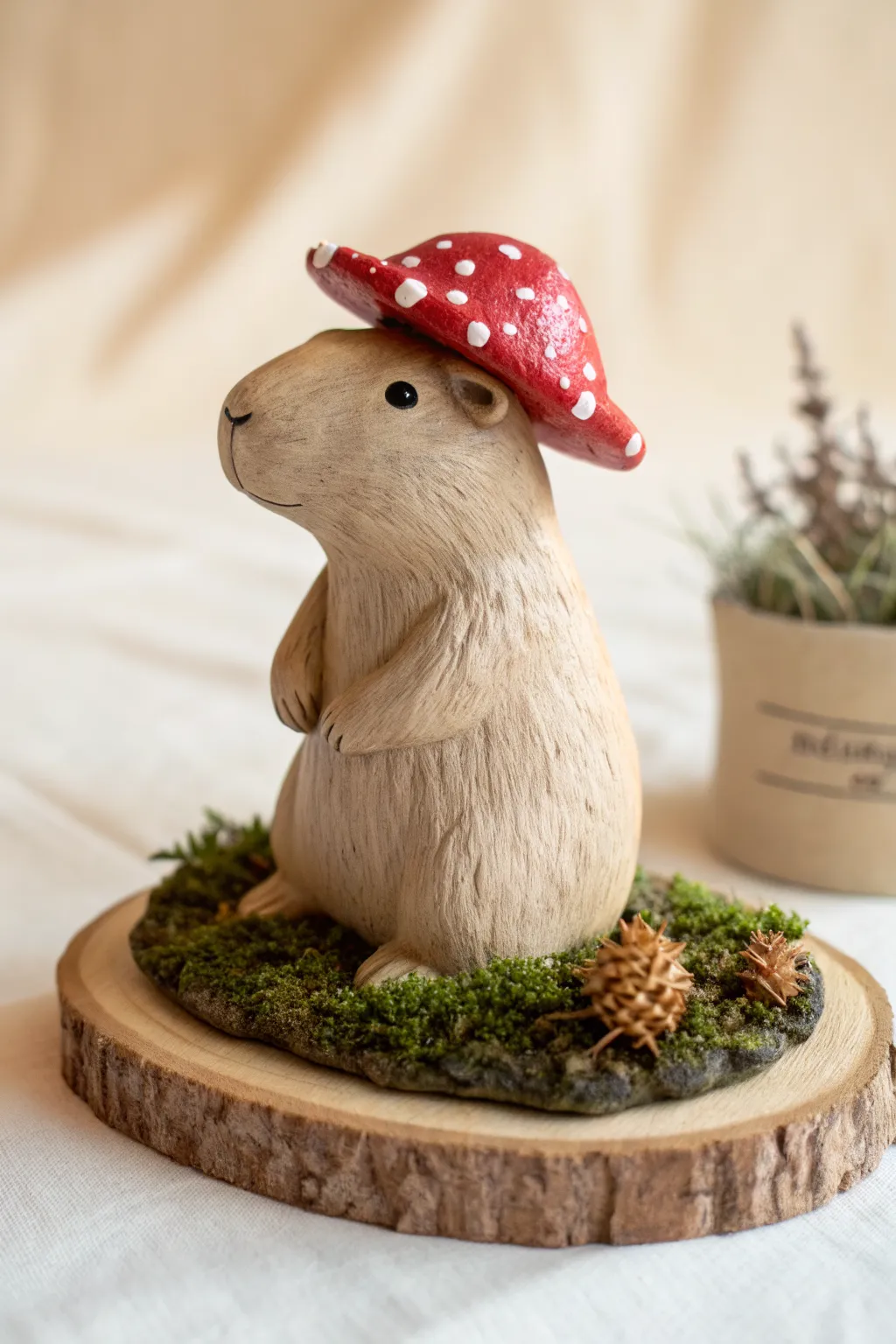Whimsical mushroom-hat capybara clay figure in bold red, minimalist, cozy forest-floor vibe