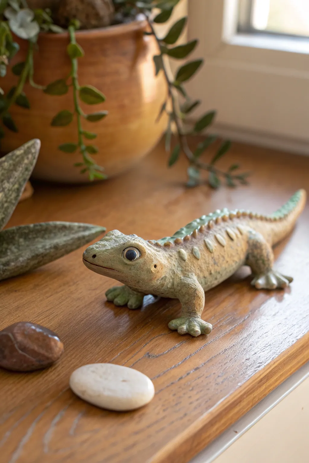 Earthy ceramic lizard with hand-carved scales, minimalist styling and warm boho contrast.