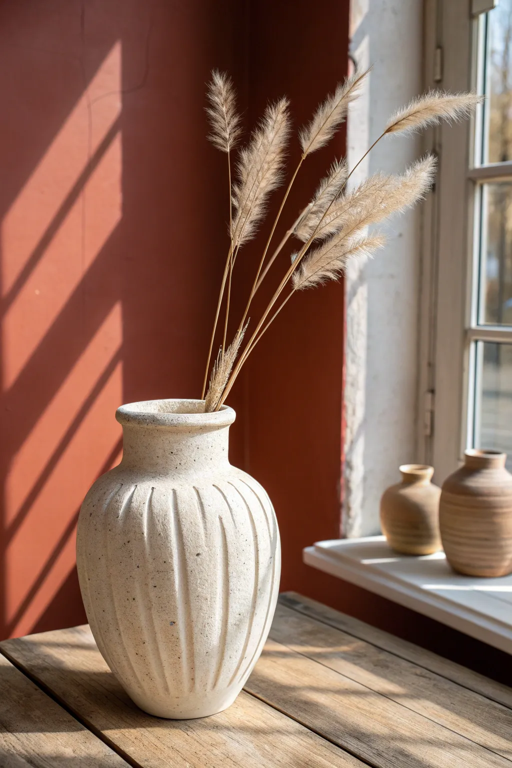 Sculptural rippled slab-built vase in soft neutral glaze, styled with dried grasses for airy boho minimalism.