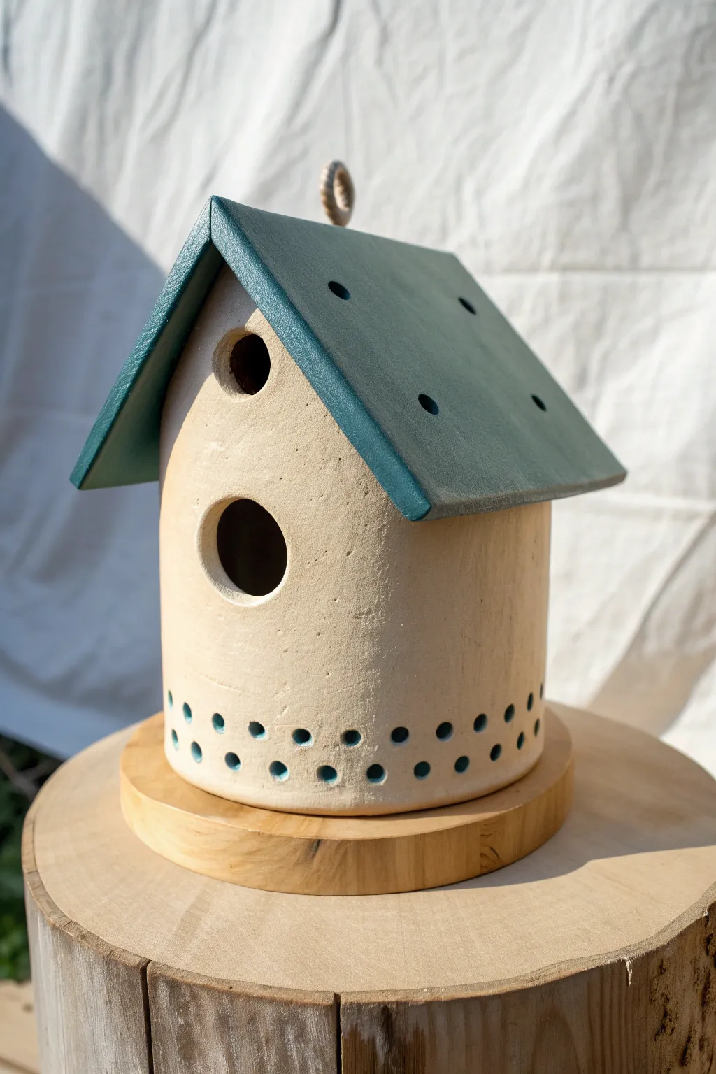 Vent holes as a dotted design band—bold teal and sandy clay birdhouse in clean Nordic style.