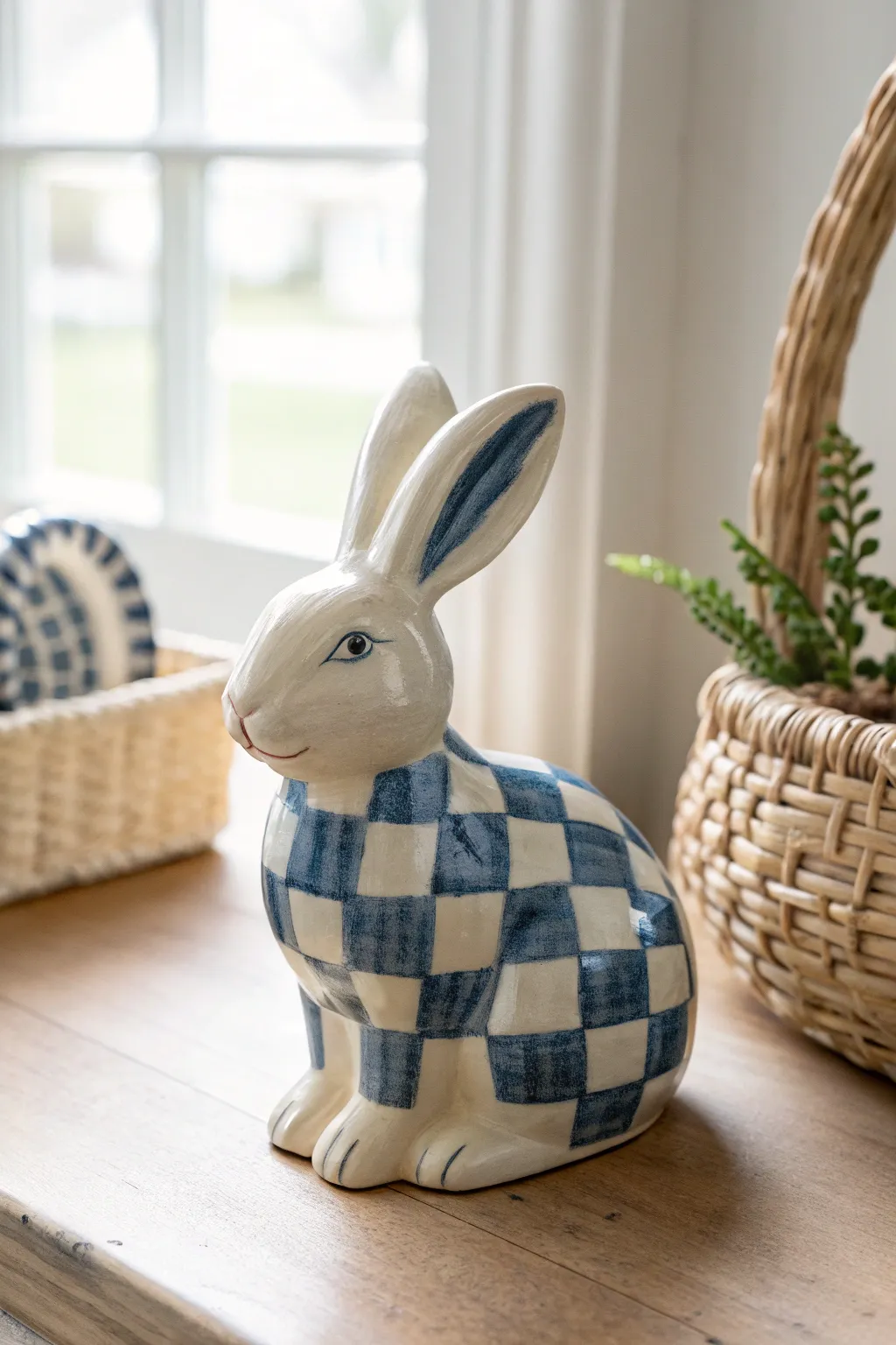 Soft blue gingham ceramic bunny with cozy basket accent, minimal Nordic-boho charm.