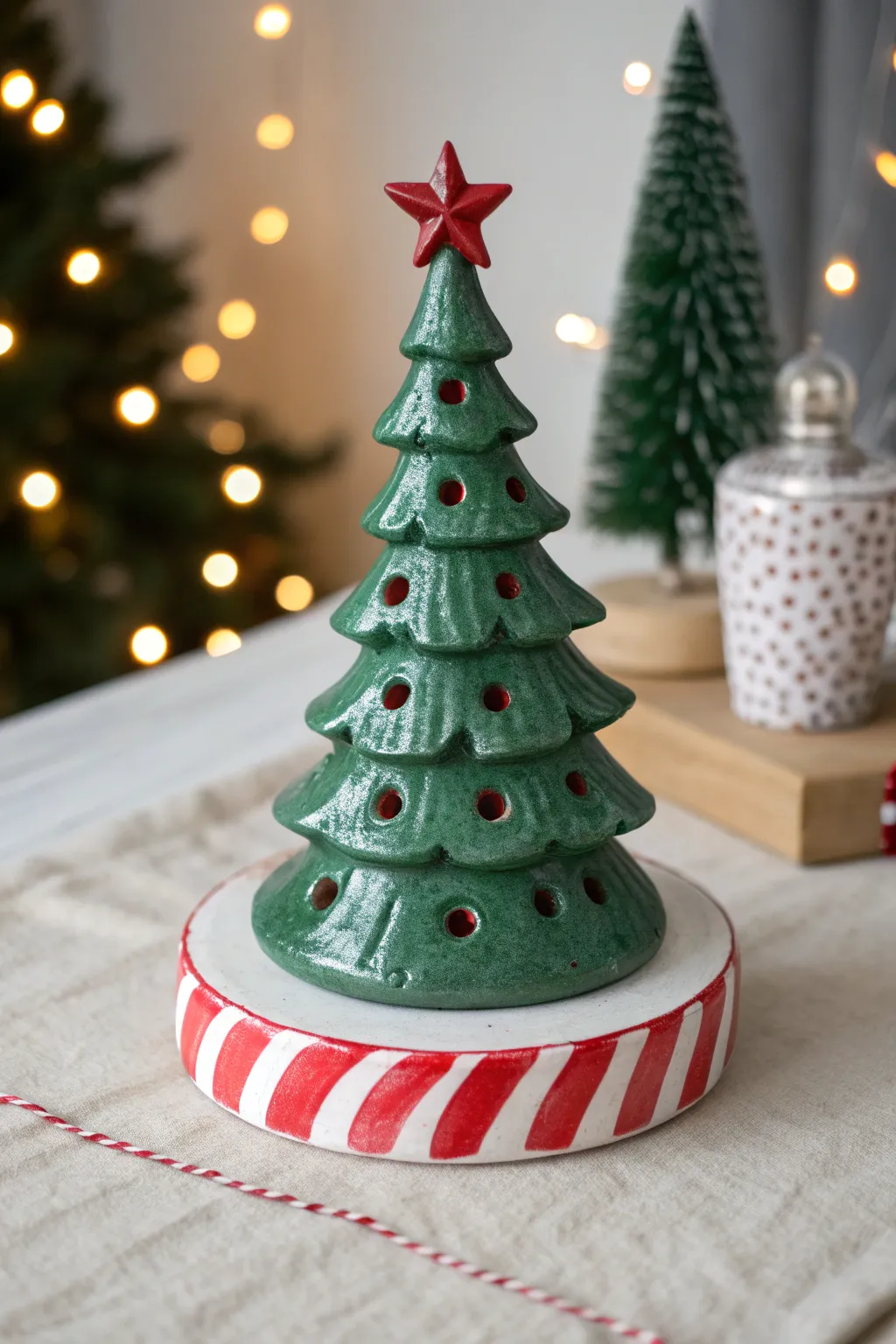Paint a classic green ceramic tree with candy cane stripes and a matching star topper.
