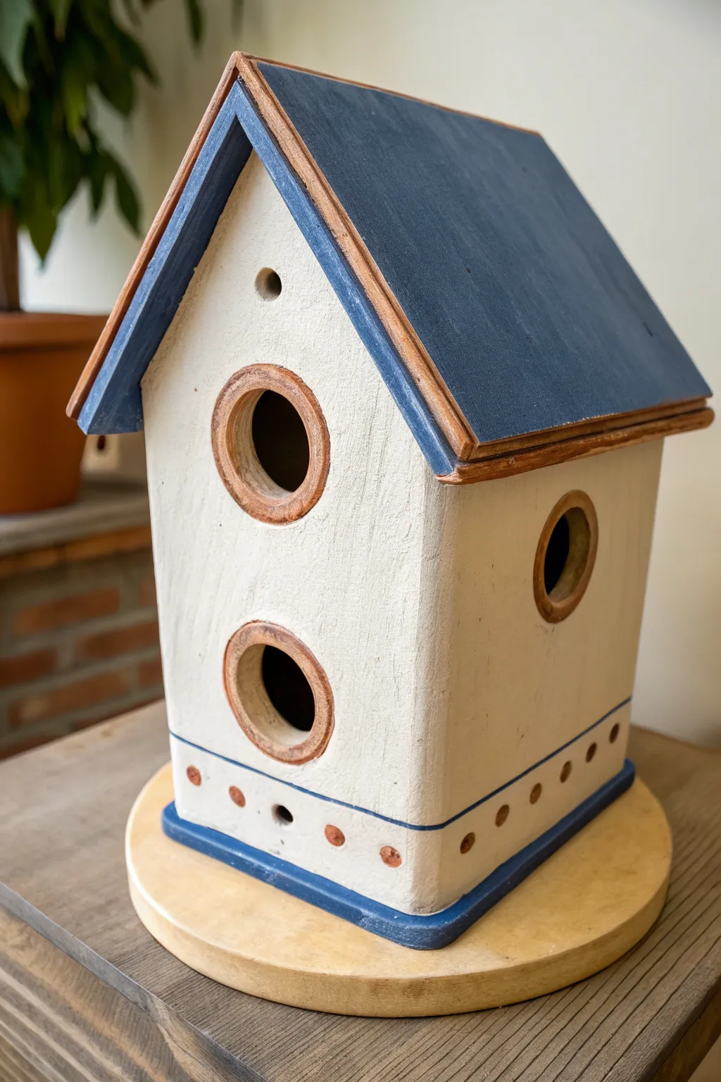 Symmetrical double-entry ceramic birdhouse in cobalt and ivory, minimalist boho charm.