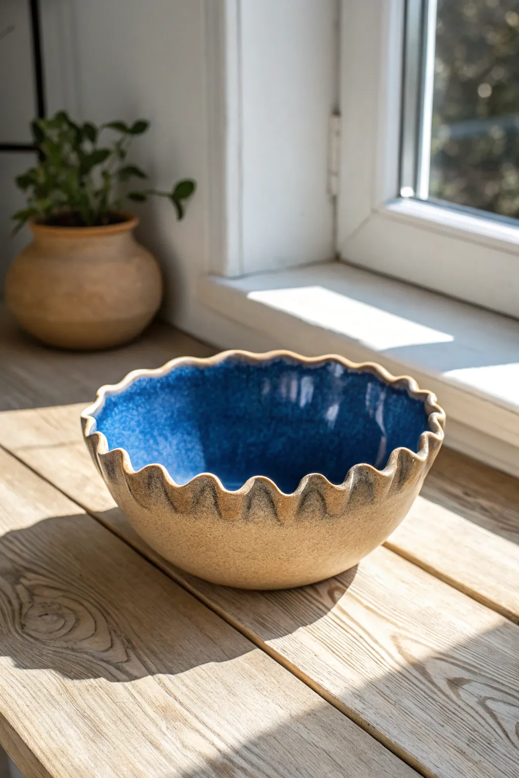 Wavy ruffled ceramic bowl in bold cobalt glaze, minimal styling, and natural handmade texture