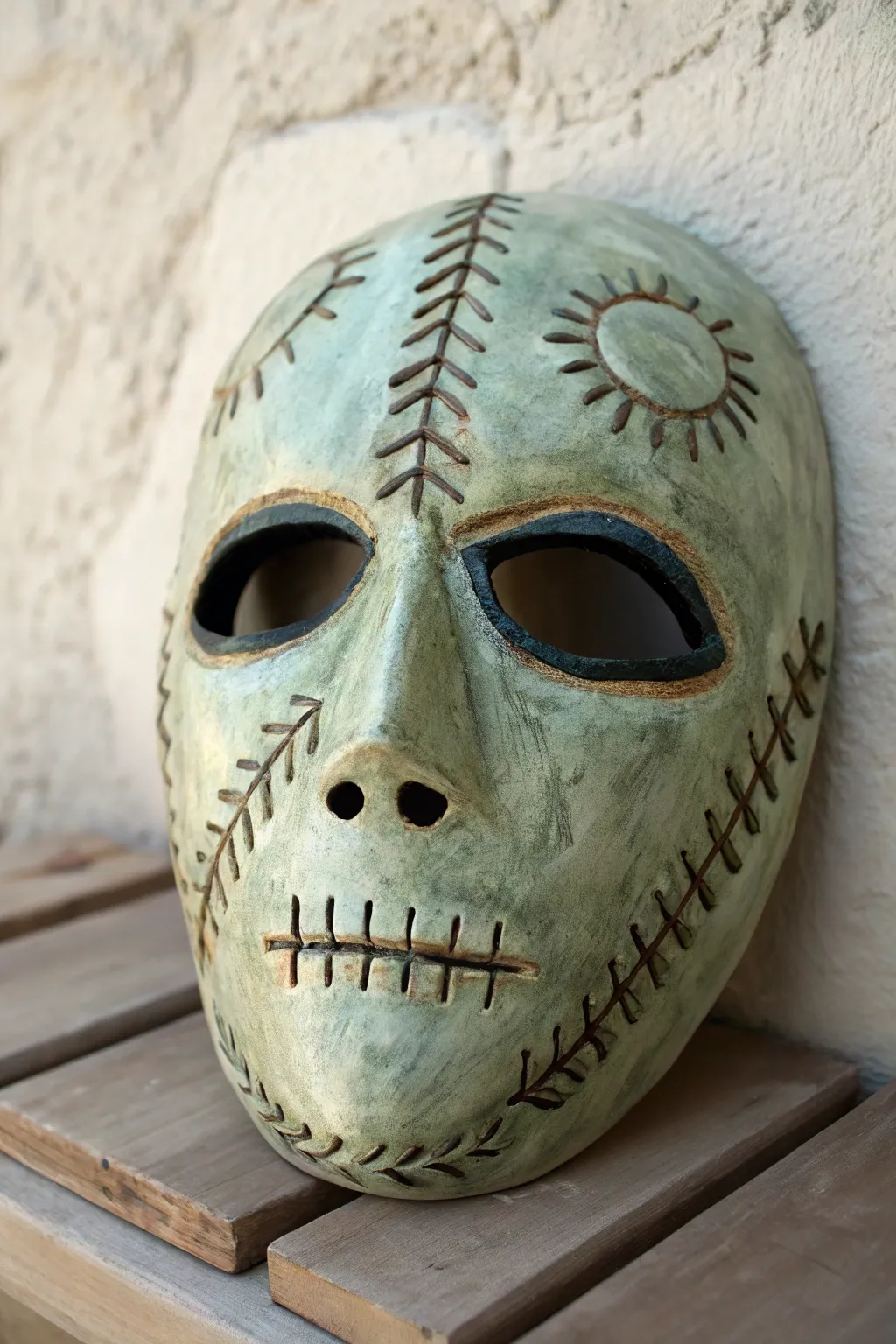 Stitched monster-scar ceramic mask in sage and charcoal, minimalist boho mood, bold contrast