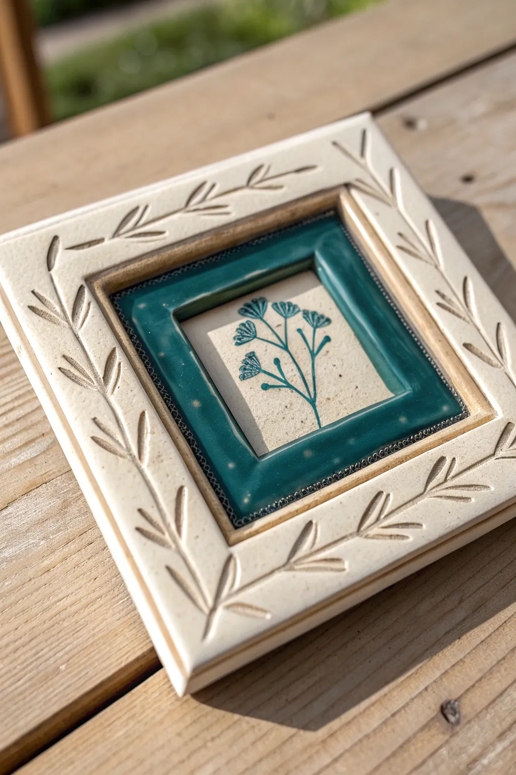 Raised-frame ceramic tile with a bold inset motif, an easy shadowbox-style detail for DIY decor.