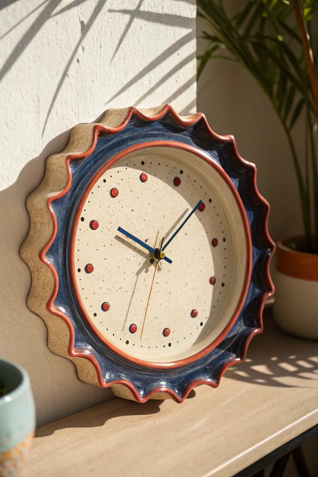 Scalloped sunburst ceramic clock with bold glazed rim and calm matte center, minimal boho.