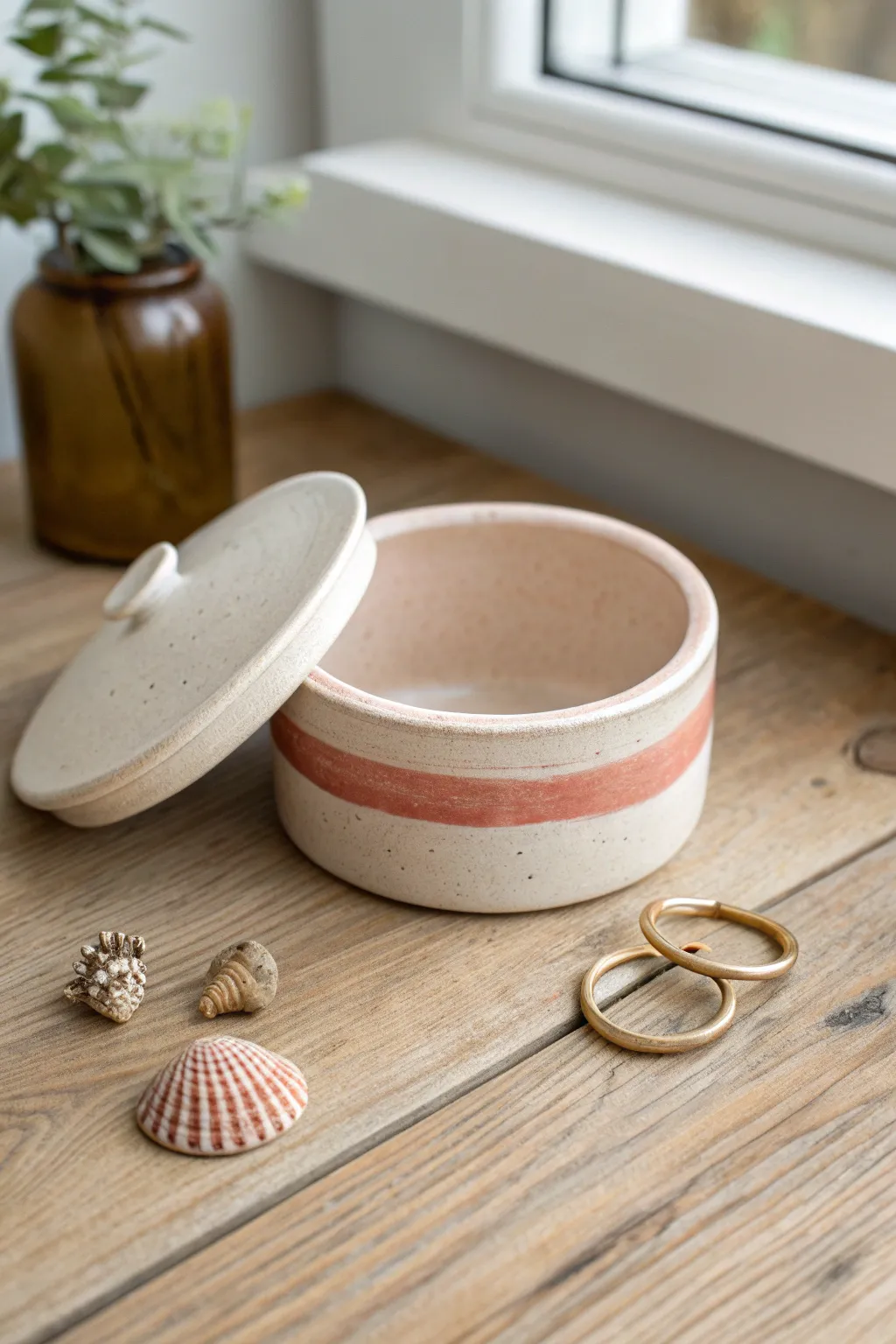 Lidded ceramic keepsake box, slightly open, styled simply for tiny treasures and calm contrast.